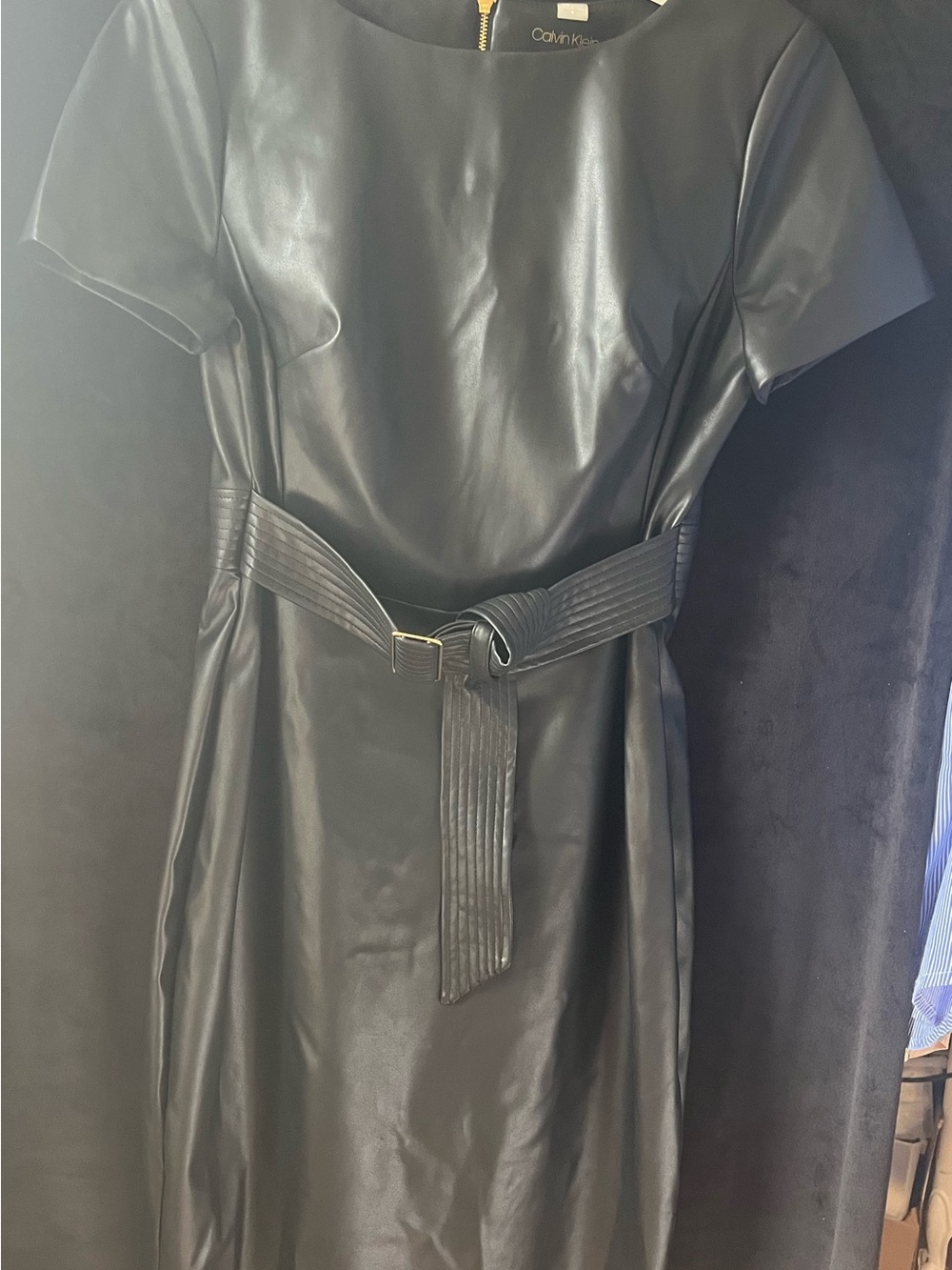 Calvin Klein Black Faux Leather Belted Sheath Dress